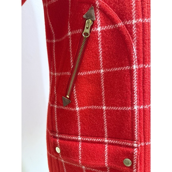 J. Crew Chateau Parka Red White Windowpane Plaid Removable Faux Fur Collar Coat - Picture 9 of 16